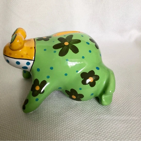 Ganz ceramic green frog piggy bank flowers polka dots EUC hand painted - Picture 12 of 14